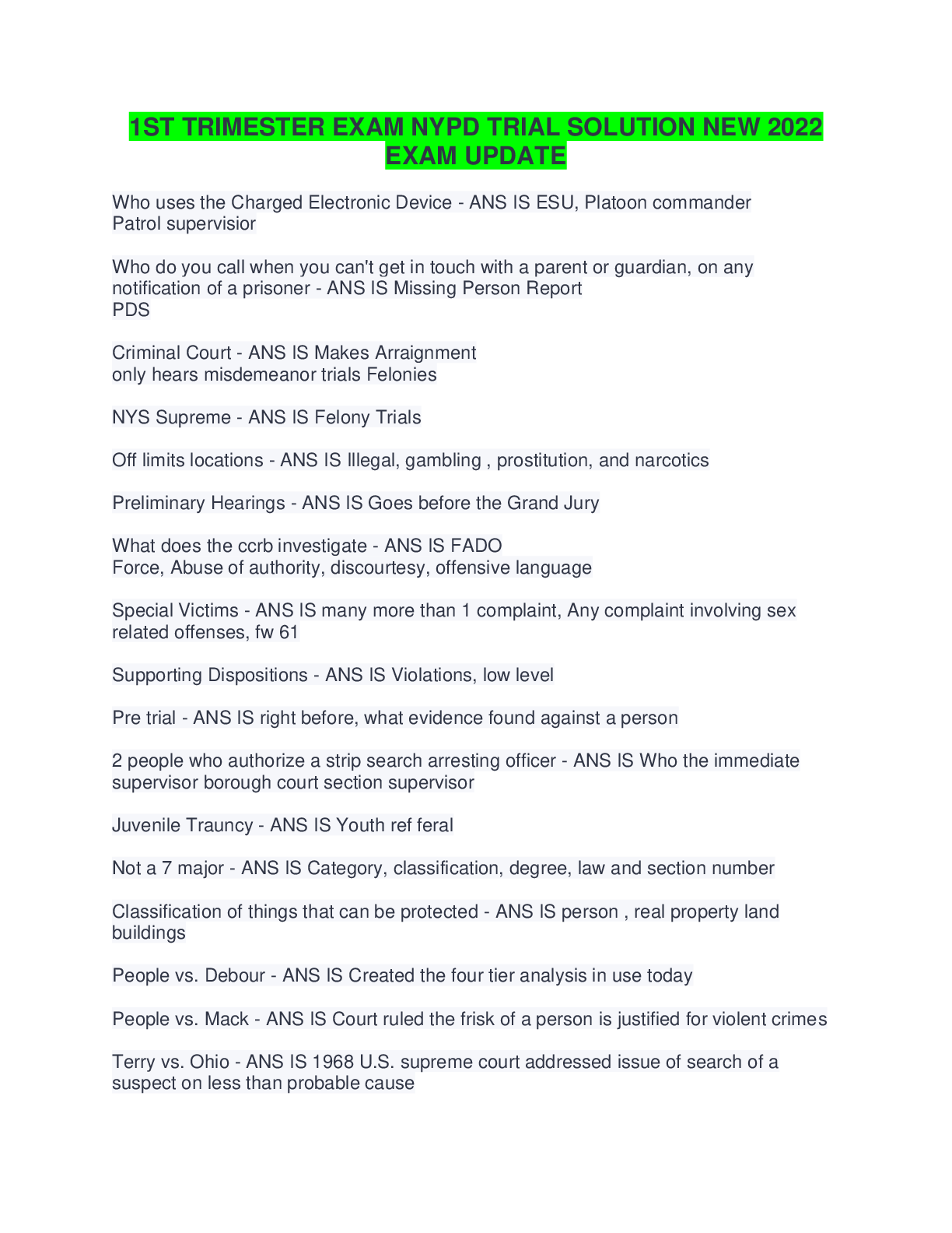 Preview image for 1ST TRIMESTER EXAM NYPD TRIAL SOLUTION NEW 2022  EXAM UPDATE